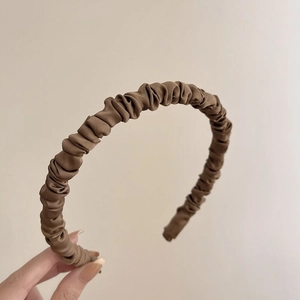 French style brown pleated satin headband with elegant scrunchie texture for women