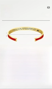 Detail showing 8mm wide gold stainless steel bracelet with dimensions and red enamel finish