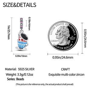 Detailed view of silver coffee cup charm with dimensions 25.7x10mm and coin size reference