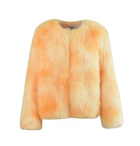 Detailed texture of orange gradient faux fur on a short crewneck winter coat