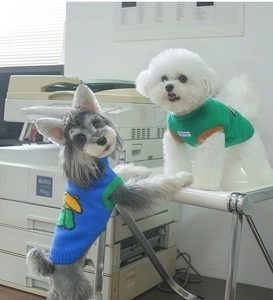 Detail of soft knit pet sweaters featuring floral embroidery and Gentle Dog label