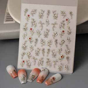 5D Relief Gold Stamping Flower Leaf Nail Stickers Metallic Relief Rhinestone Nail Decals Waterproof DIY Nail Art For Women