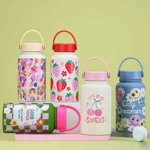 Vacuum Insulated Water Bottle 304 Stainless Steel Wide Mouth Portable Handle Sports Travel Thermal Flask Floral Smile Patterns