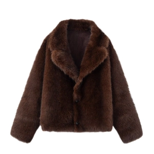 Women's dark brown faux fur jacket with classic lapel collar and short cut silhouette