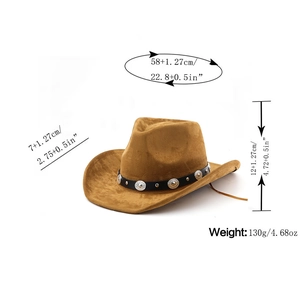 Brown faux suede cowboy hat showing dimensions for head size, brim width, and hat height
