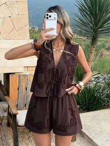 Summer brown embroidered two-piece vest and shorts set for women in outdoor natural setting