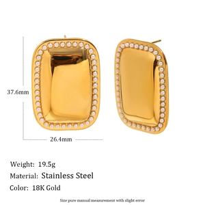 Rectangle 18K gold plated stainless steel stud earrings with small white pearl trim