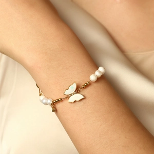 Stainless Steel Butterfly Artificial Pearl Bracelet For Women Elegant Layered Chain Jewelry With Zircon Minimalist Gift
