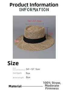 Size chart for wide brim grass sun hat showing dimensions and 100% salt grass material