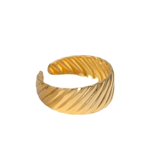 18k gold plated stainless steel open ring with a twisted ridge design on white background