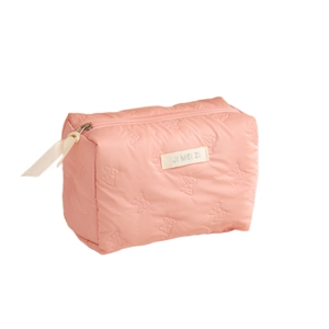 Pink quilted cosmetic bag with bow texture and ribbon zipper, large capacity storage