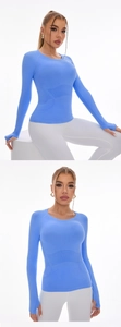 Detail of slim fit yoga top with thumbholes and breathable mesh panels in sky blue