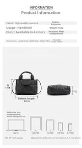 Size chart showing embroidered handbag dimensions 22x8x14cm and strap length 128cm