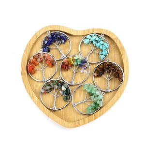 3cm Tree of Life necklace pendants with natural crystal chips in a heart wood tray