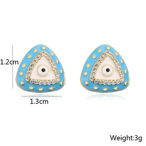 Detail shot of triangle evil eye stud earrings showing dimensions 1.2cm by 1.3cm