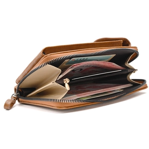 Brown leather crossbody phone wallet with multi-card slots and secure zipper closure
