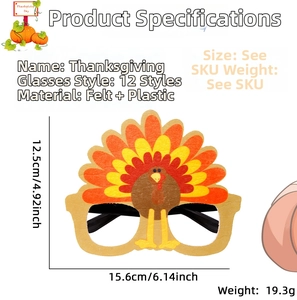 Detail view of cartoon turkey Thanksgiving glasses with 15.6x12.5cm size dimension