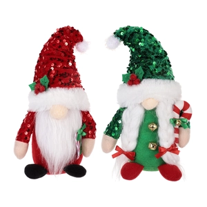 Christmas gnome plush set with sequin hats and candy cane decorations on white background