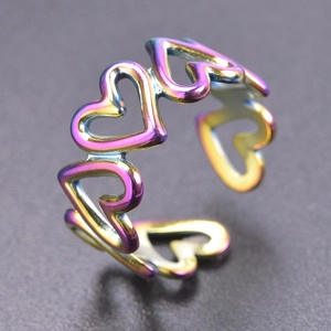 Detailed macro view of an open heart ring with a rainbow iridescent gradient finish
