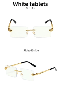 Detail view of rimless square glasses featuring golden snake-shaped carved metal temples