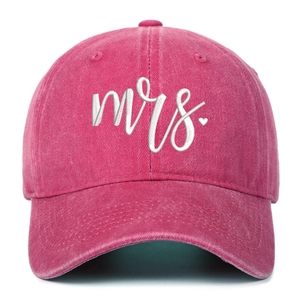 Detailed embroidery of Mrs script with heart on washed magenta cotton baseball cap