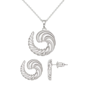 Detailed view of polished silver twisted spiral pendant necklace and matching earrings set