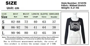 Detailed size chart for sexy ribbed long sleeve crop top with garment measurements