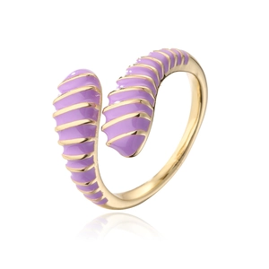 Macro shot of 18K gold plated spiral ring with purple enamel stripes and smooth finish
