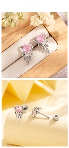 Detailed view of pink heart earring with screw back and polished silver steel finish