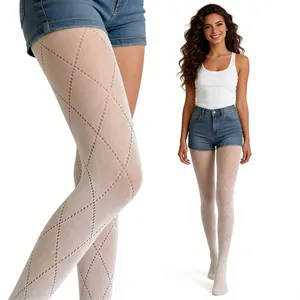 Collant blanc à motifs de losanges avec un design géométrique ajouré et élastique