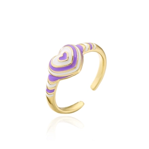 Detailed macro view of gold-plated heart ring with purple and white wave enamel finish