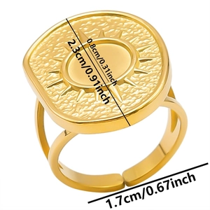 Detailed dimension view of gold sunburst signet ring with size markers and measurements
