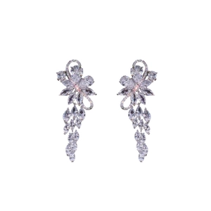 Elegant silver flower tassel earrings with sparkling cubic zirconia on a white background