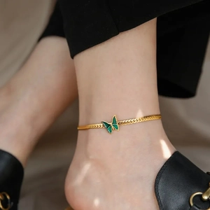 Butterfly Anklet 18K Gold Plated Titanium Steel Snake Bone Chain Green Enamel Pendant Jewelry For Women Vintage Elegant
