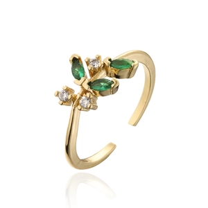 18K gold geometric open ring featuring green and white marquise zircon leaf design