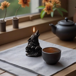 Wolf head wave scented candle with detailed fur texture on a minimalist zen background