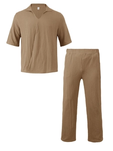 Close-up of khaki seersucker waffle fabric texture on men's casual two-piece summer set
