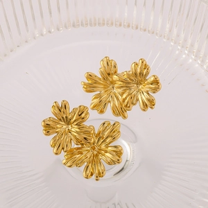 Polished 18K gold plated flower stud earrings with radial texture on ribbed glass