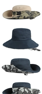 Trois variantes de chapeaux de pêche camouflage avec bord large et cordons coupe-vent
