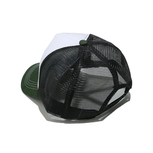 Rear view of mesh trucker hat featuring black mesh panels and green adjustable snapback closure