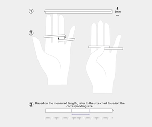 Size guide for rings showing steps to measure finger circumference with a paper strip