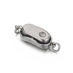 Polished stainless steel double loop jewelry connector clasp on white background