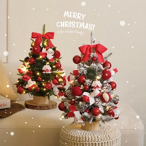 Mini Artificial Christmas Tree Desktop Decoration With LED Lights Snow Flocked Pinecone Bow Ornaments For Holiday Home Office