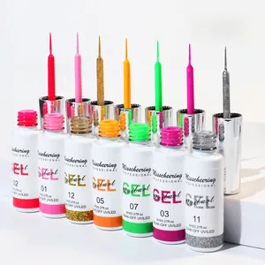 Detail of 12-color nail art liner gel set with fine brush for 3D drawing and painting