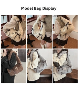 Fuzzy hobo shoulder bags in white, brown, and grey with decorative ribbon bows