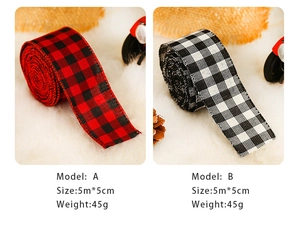 Detail of 5cm red and black plaid decorative ribbons with wire edges for holiday wrapping