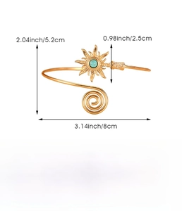 Detailed view of bohemian sun arm cuff with turquoise stone and alloy size specifications