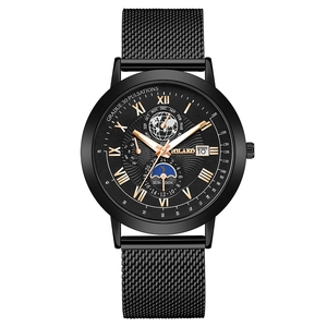 Men Quartz Watch Stainless Steel Mesh Band Multi-functional Calendar Moon Phase Roman Numerals Business Fashion Wristwatch