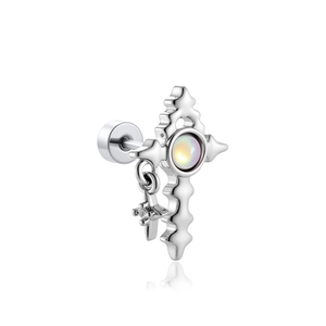 Silver cross stud earring with iridescent opal and star charm on white background
