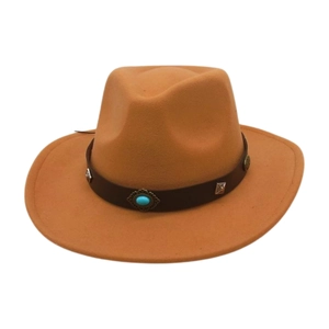 Ethnic wide brim wool fedora hat in tan with turquoise stone leather belt trim